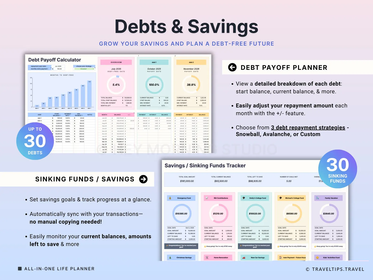 Debts & Savings — payoff strategies and 30 sinking funds