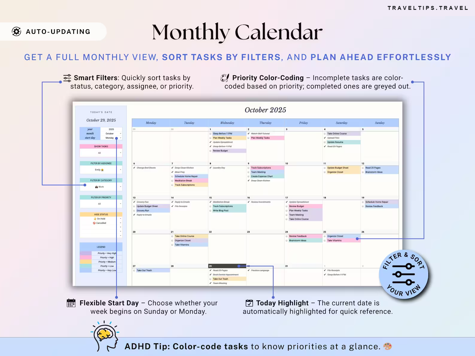 Monthly calendar — full month view with smart filters
