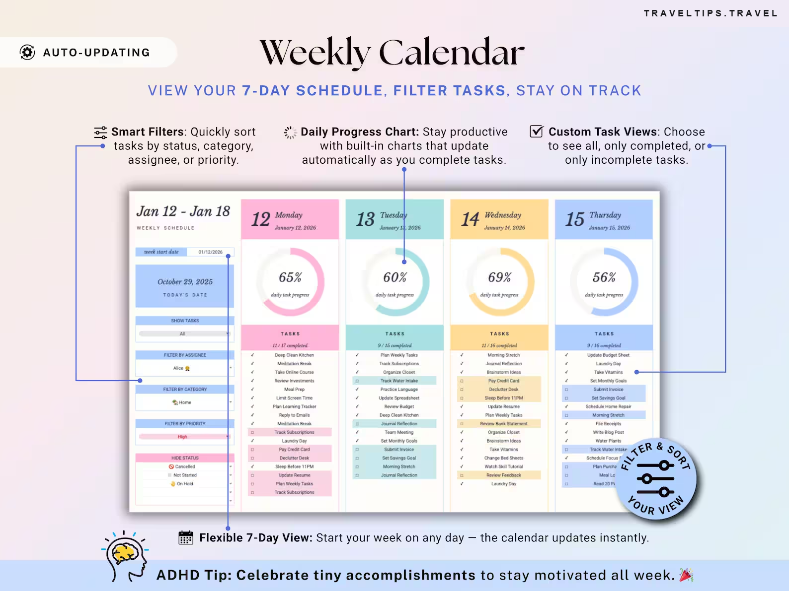 Weekly calendar — 7-day schedule with daily progress