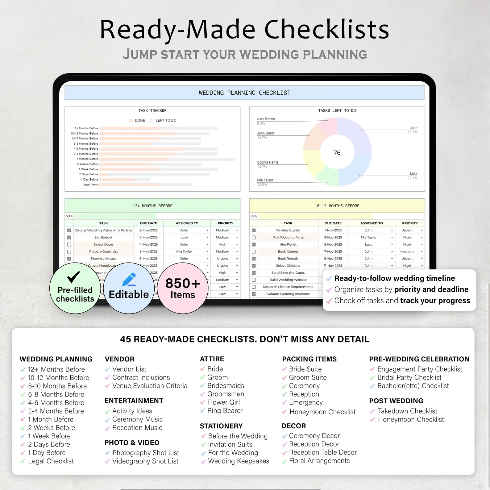 Ready-made checklists — 850+ items, pre-filled