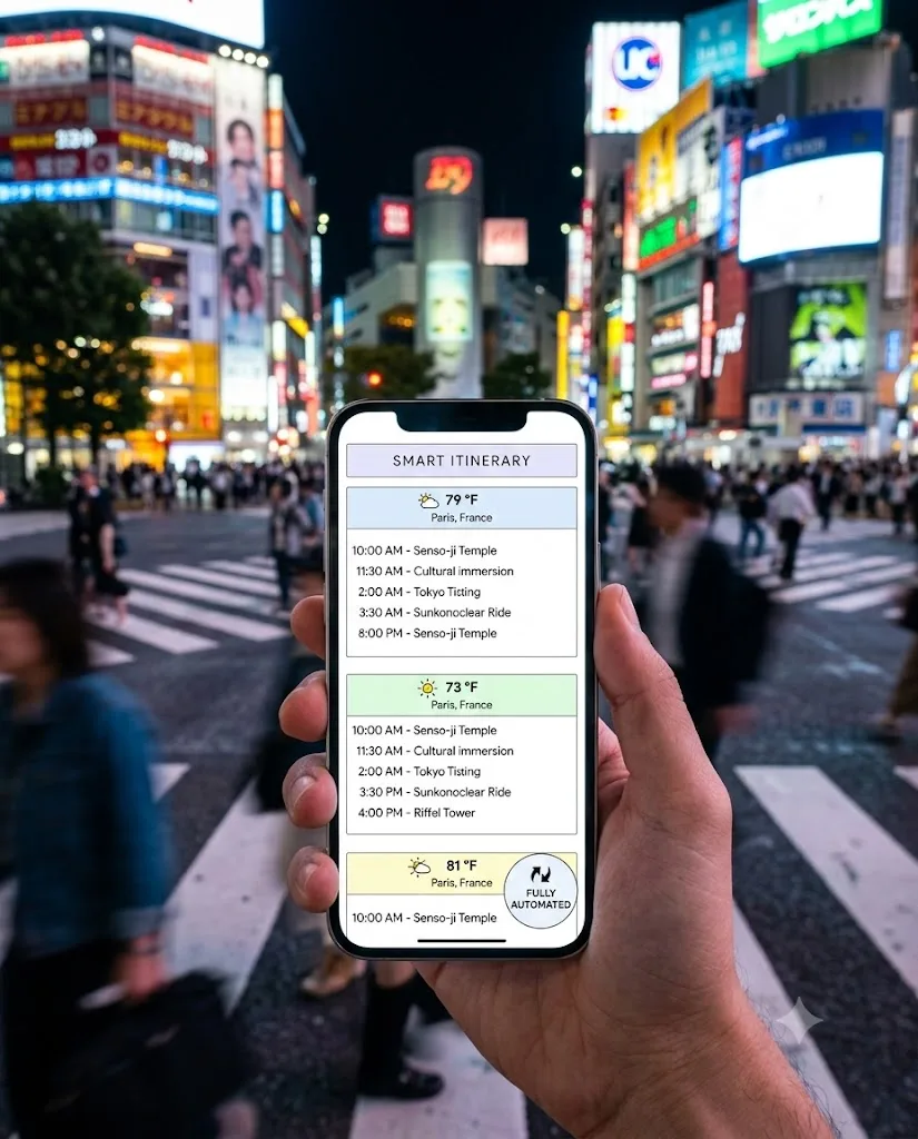 Tokyo — the day's plan in your hand at the crossing