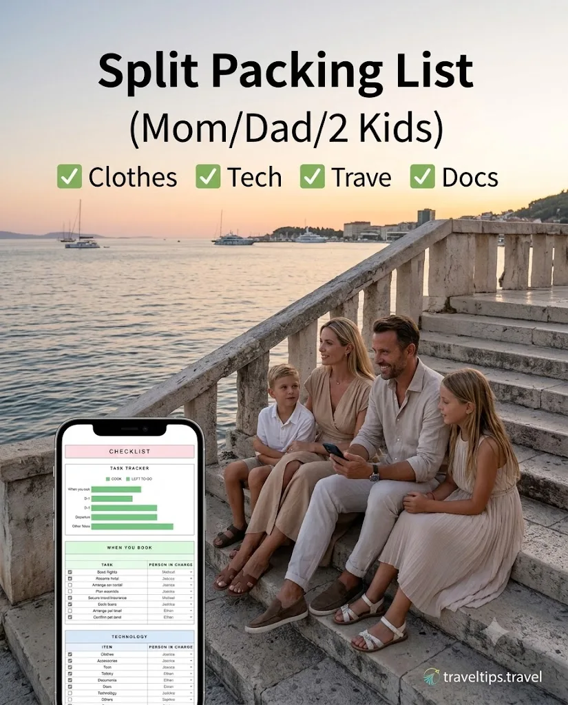 Split packing lists for Mom, Dad and two kids